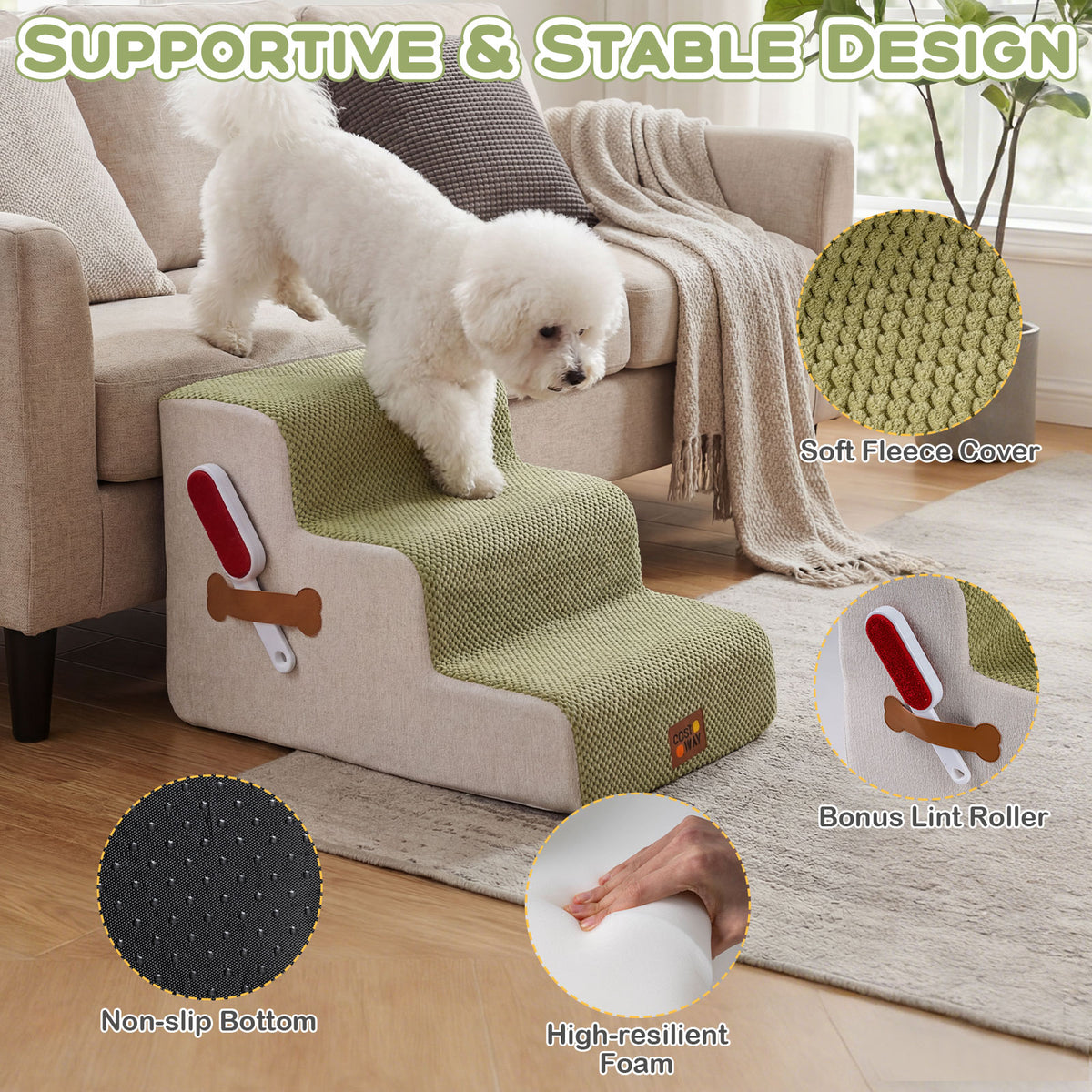 High-density Foam Dog Stairs with Non-Slip Bottom and Washable Cover