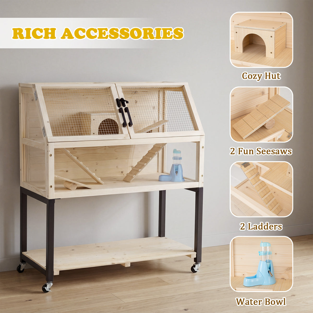 2-Tier Wooden Hamster Cage with Acrylic Windows