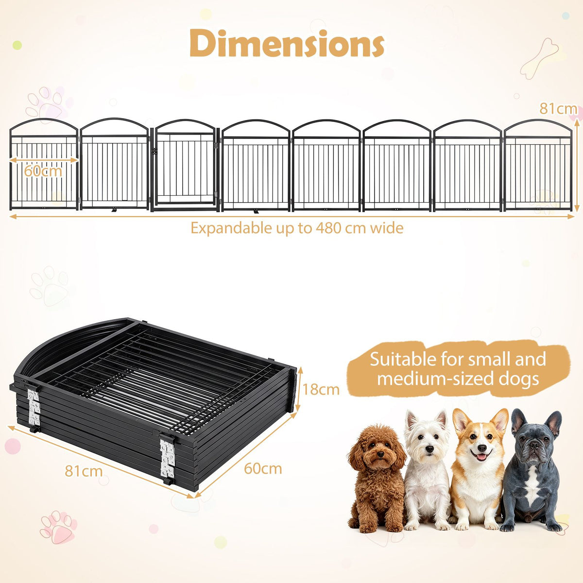 360/480x81cm Foldable Metal Dog Gate with Door 6/8 Panels