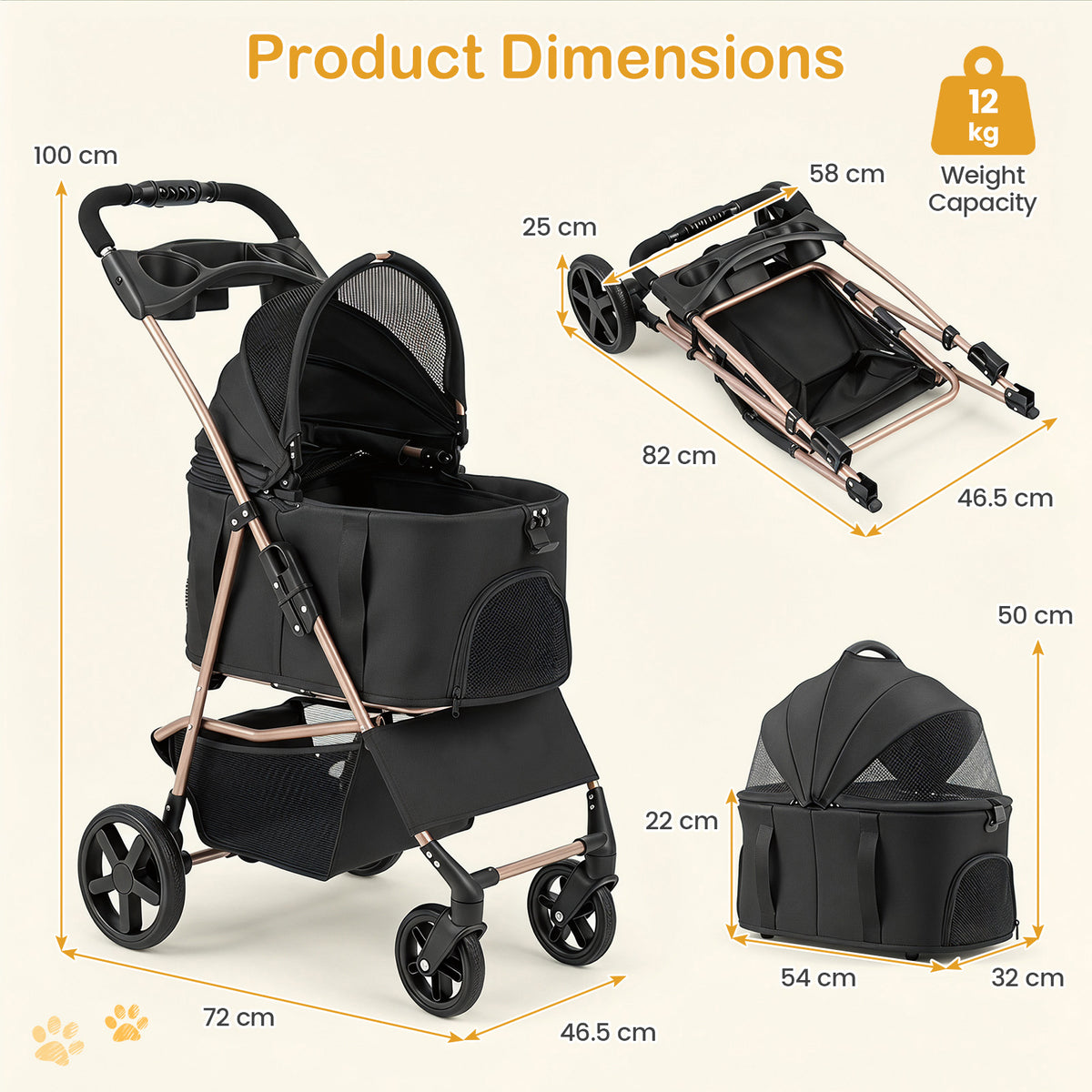 3-in-1 Pet Stroller for Dogs with Detachable Carrier and Cup Holder