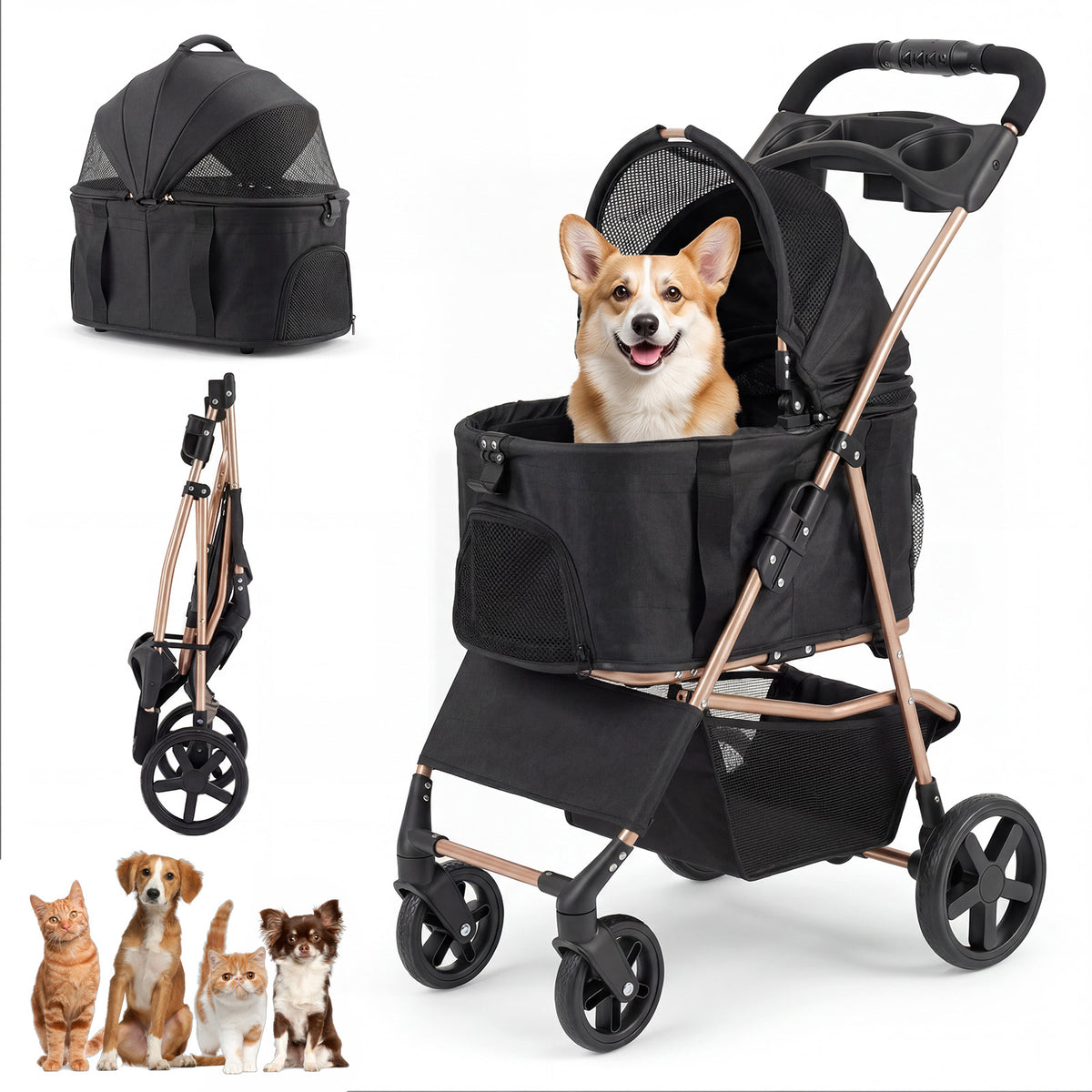 3-in-1 Pet Stroller for Dogs with Detachable Carrier and Cup Holder