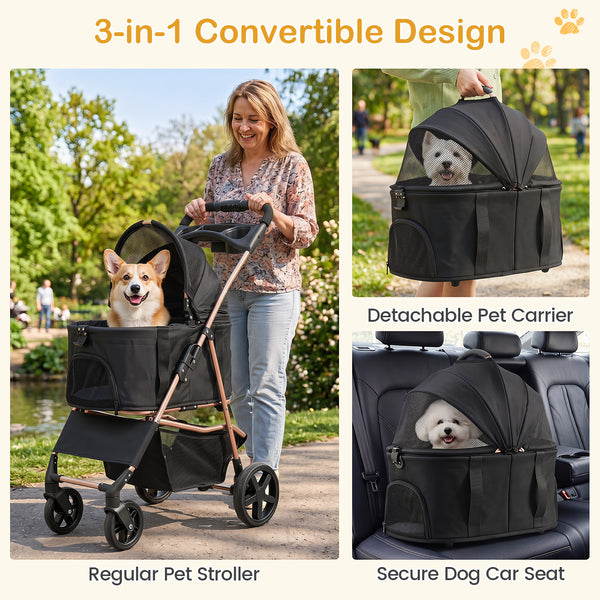 3-in-1 Pet Stroller for Dogs with Detachable Carrier and Cup Holder