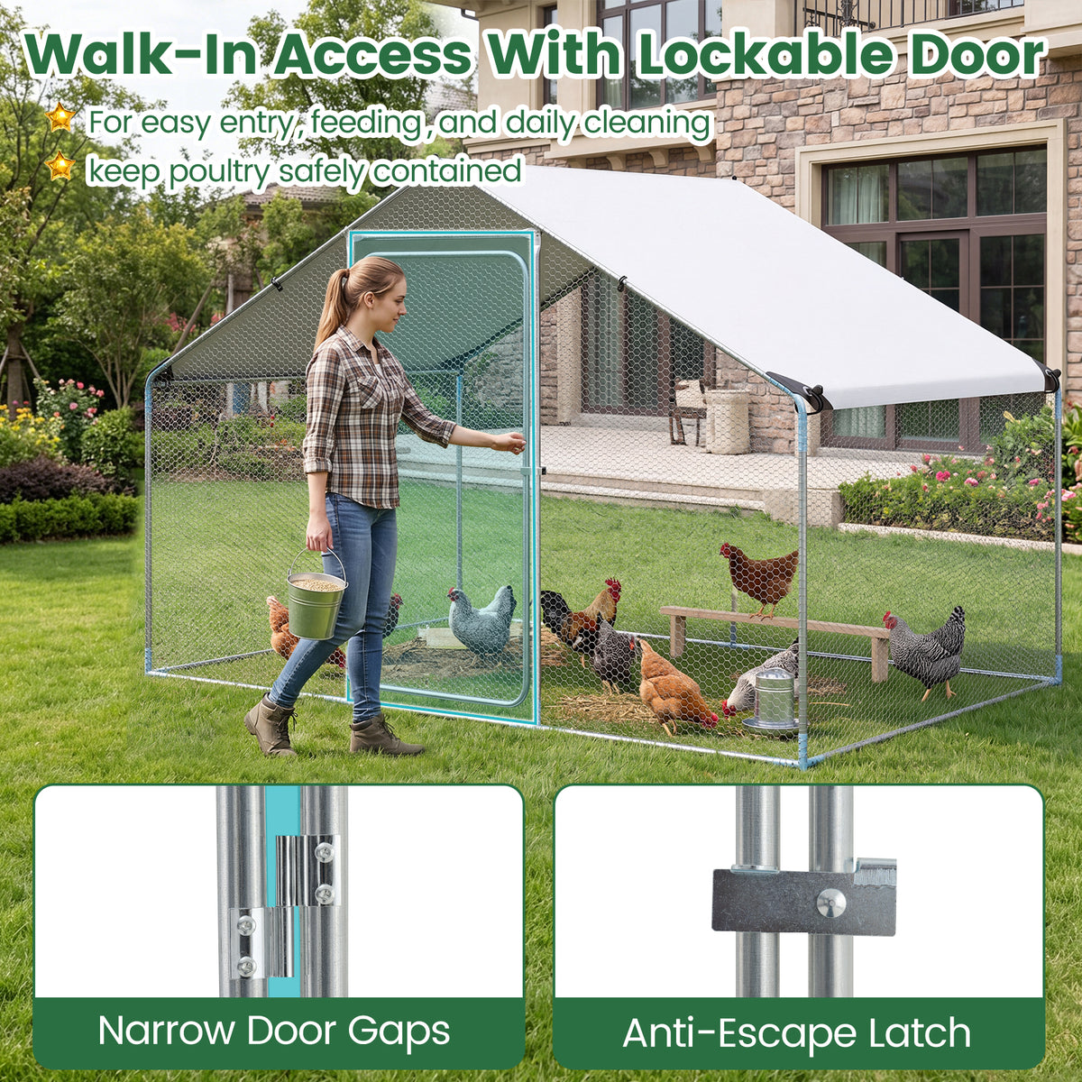 Large Metal Chicken Coop 300 x 203 x 202 CM Walk-in Chicken Run