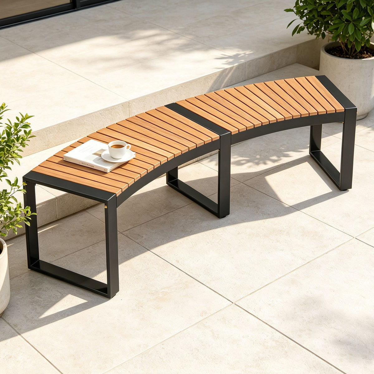 Patio Curved Bench Set of 1/2 Acacia Wood Fire Pit Bench with Slatted Seat