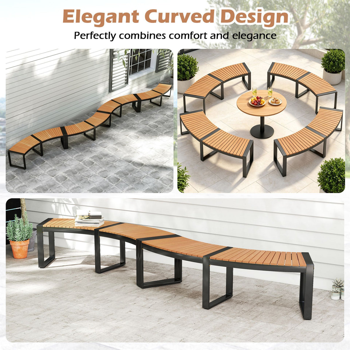 Patio Curved Bench Set of 1/2 Acacia Wood Fire Pit Bench with Slatted Seat