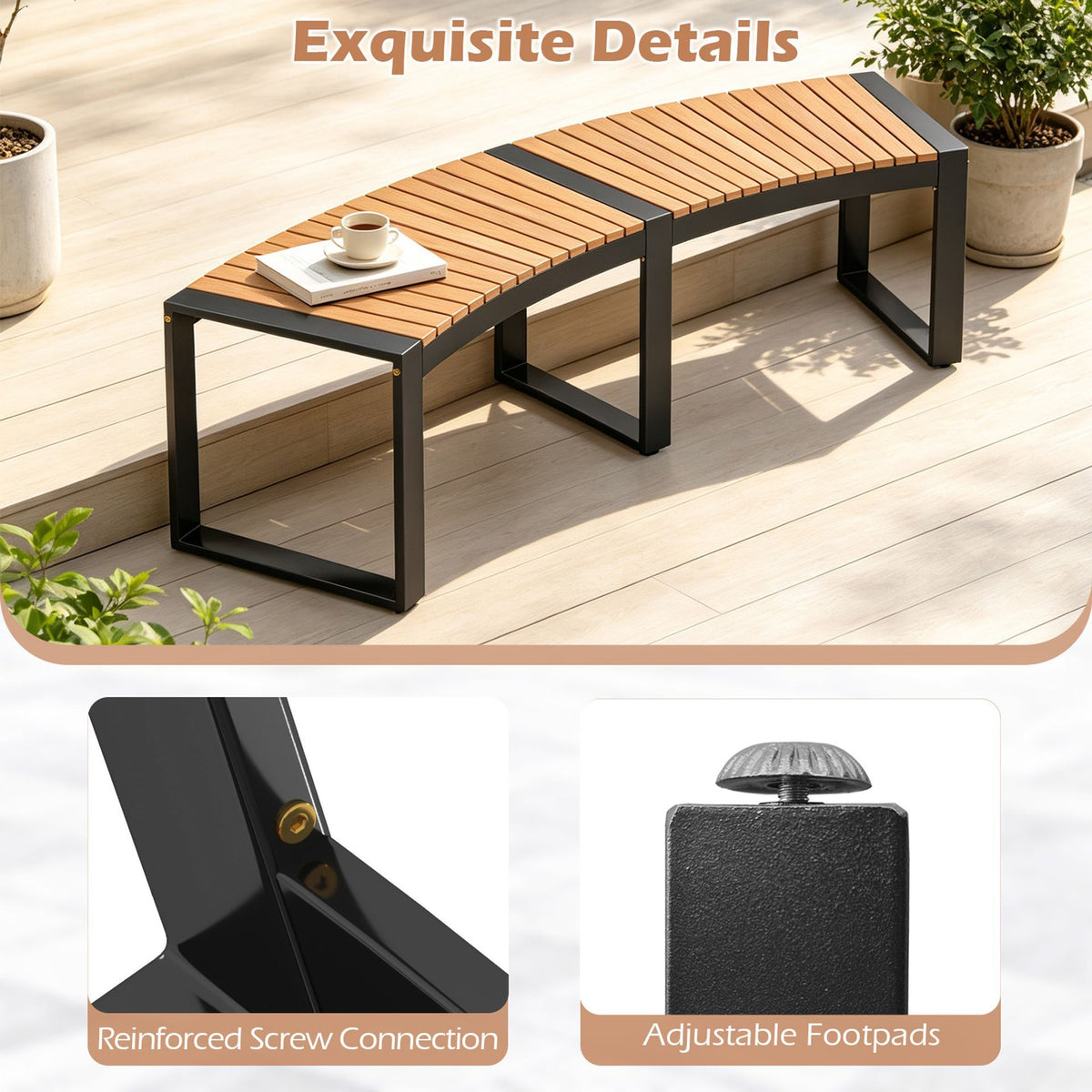 Patio Curved Bench Set of 1/2 Acacia Wood Fire Pit Bench with Slatted Seat