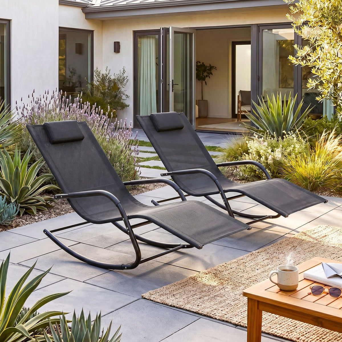 Patio Lounge Chair with Detachable Headrest and Curved Armrests for Garden
