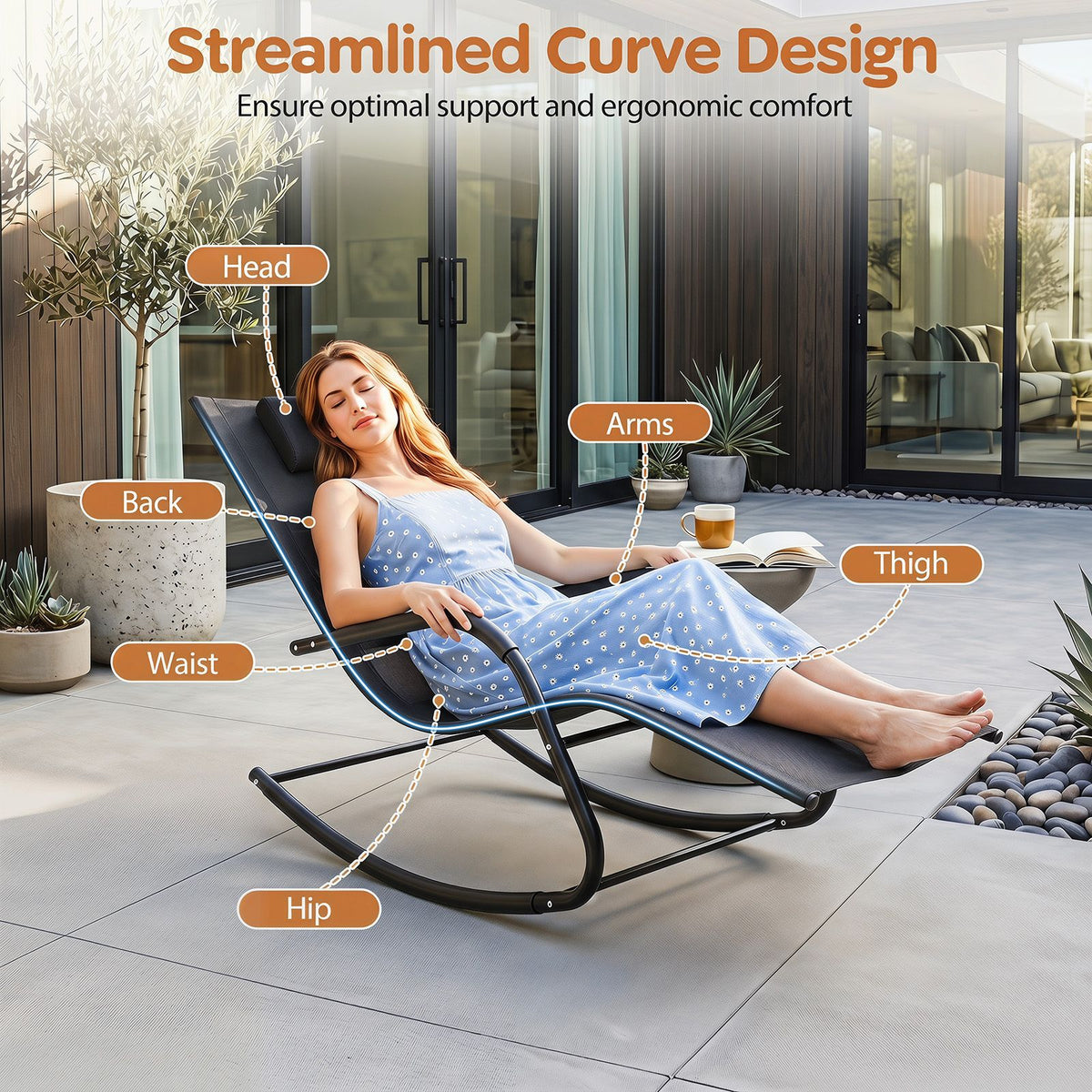 Patio Lounge Chair with Detachable Headrest and Curved Armrests for Garden