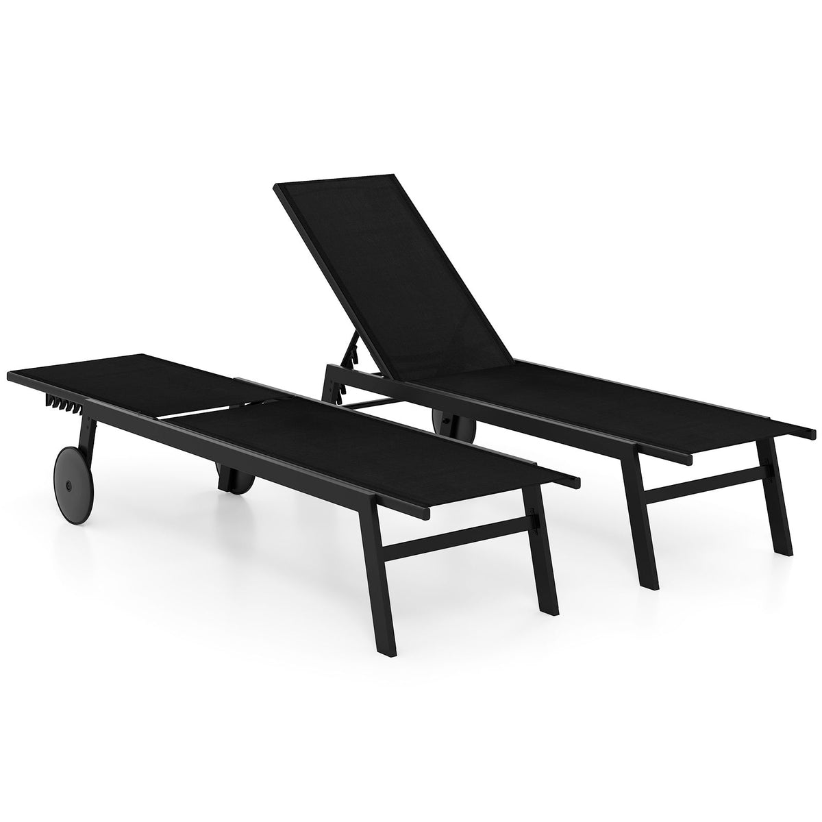 Patio Chaise Lounge Chair with Wheels and 6-Level Adjustable Backrest-Black