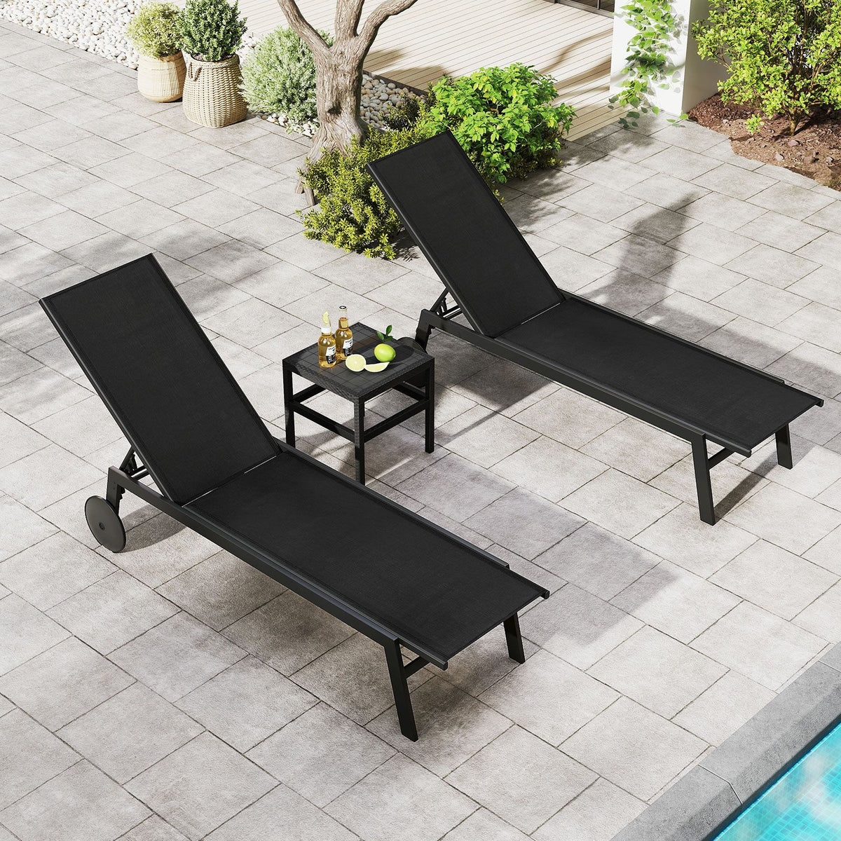 Patio Chaise Lounge Chair with Wheels and 6-Level Adjustable Backrest-Black