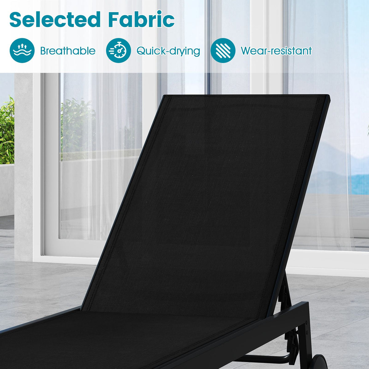 Patio Chaise Lounge Chair with Wheels and 6-Level Adjustable Backrest-Black