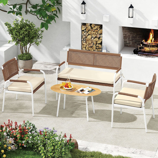 Patio Furniture Set with Soft Seat Cushions and Tempered Glass Table