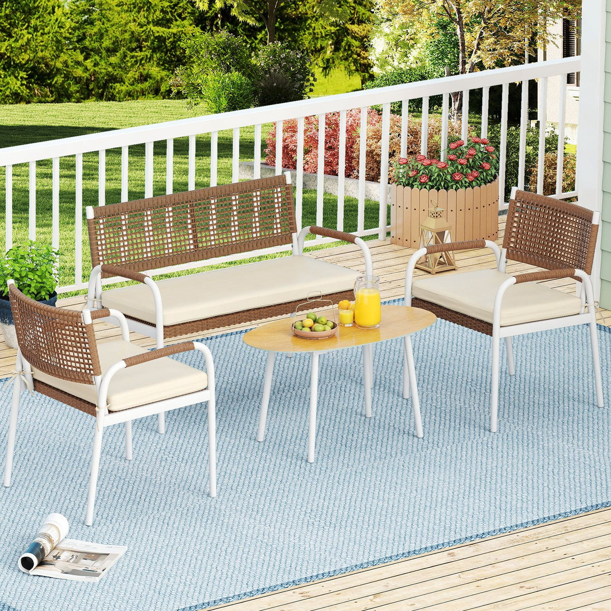 Patio Furniture Set with Soft Seat Cushions and Tempered Glass Table