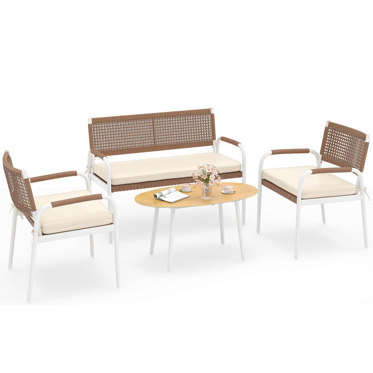 Patio Furniture Set with Soft Seat Cushions and Tempered Glass Table