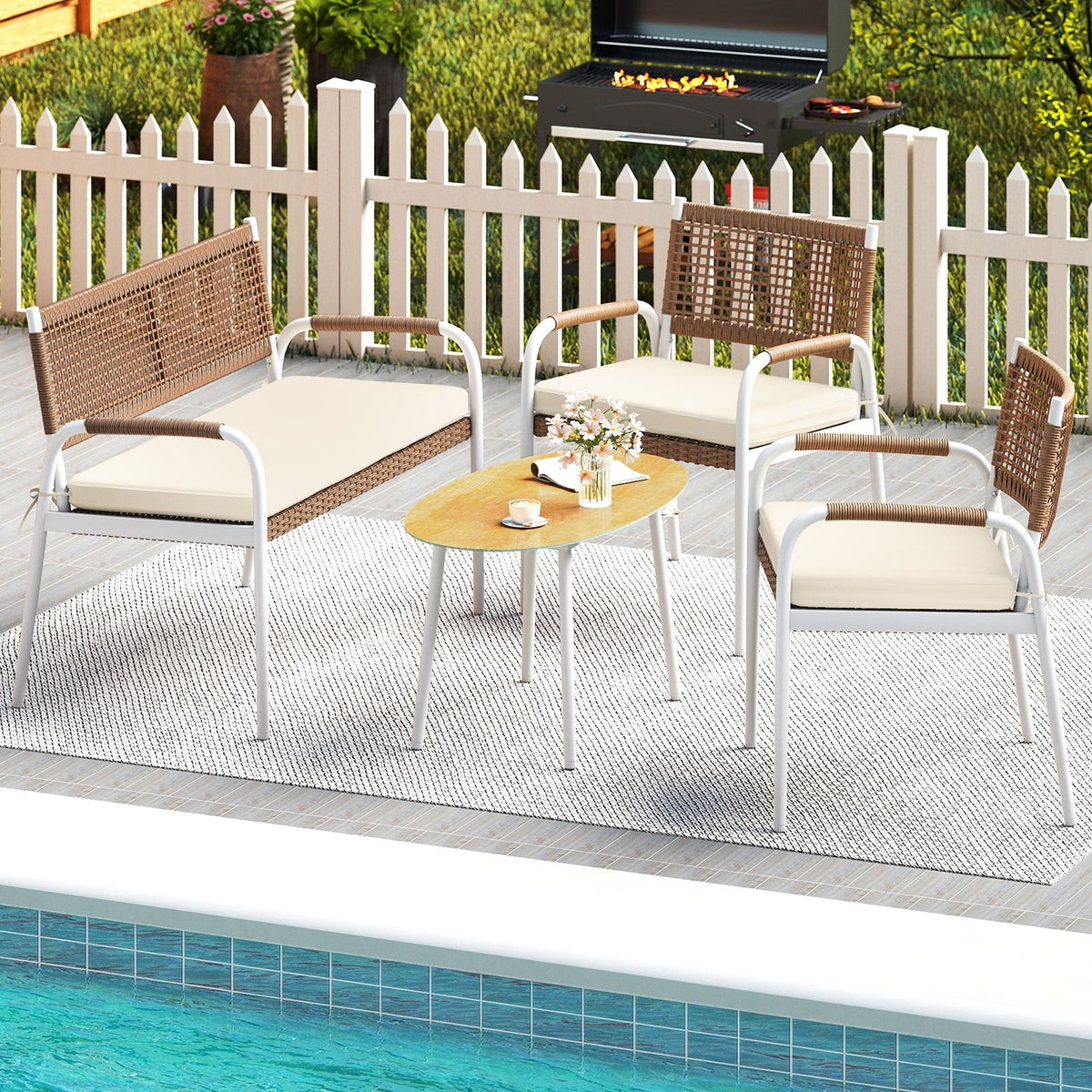 Patio Furniture Set with Soft Seat Cushions and Tempered Glass Table