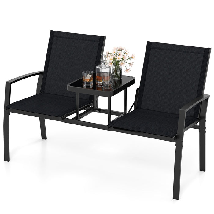 Patio Loveseat with Built-in Table and Heavy Duty Metal Frame