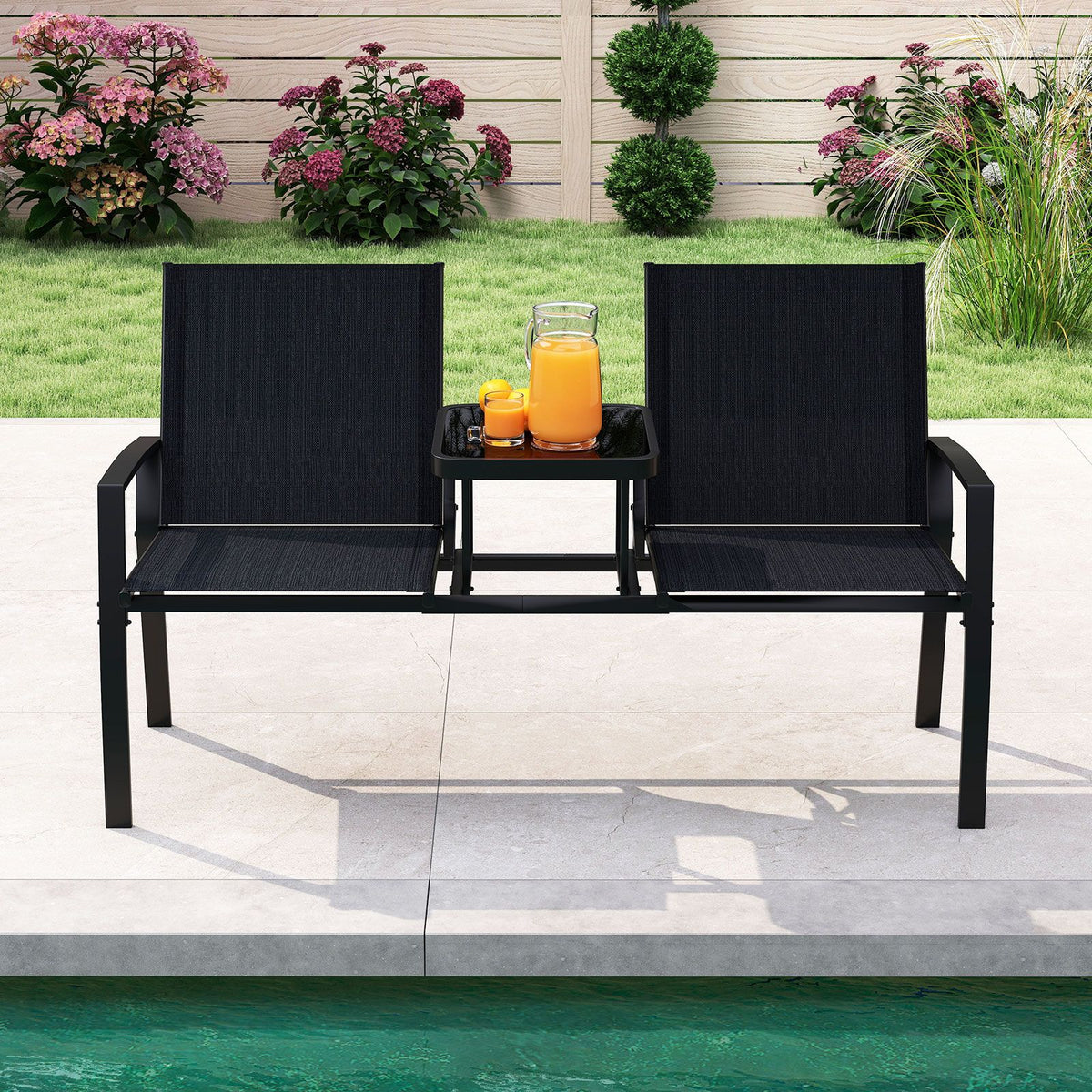 Patio Loveseat with Built-in Table and Heavy Duty Metal Frame