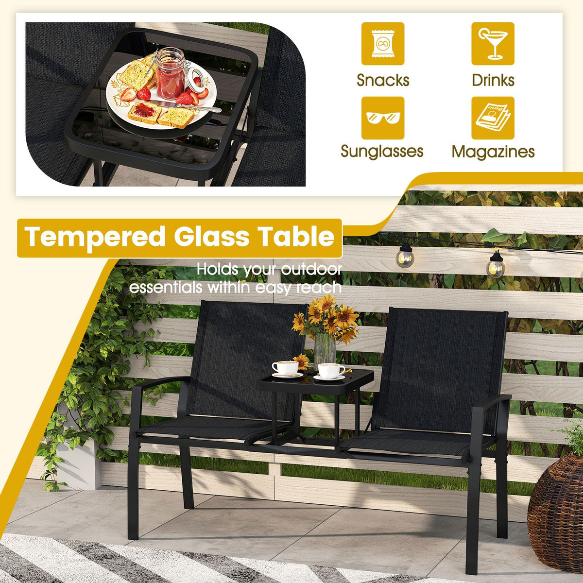 Patio Loveseat with Built-in Table and Heavy Duty Metal Frame