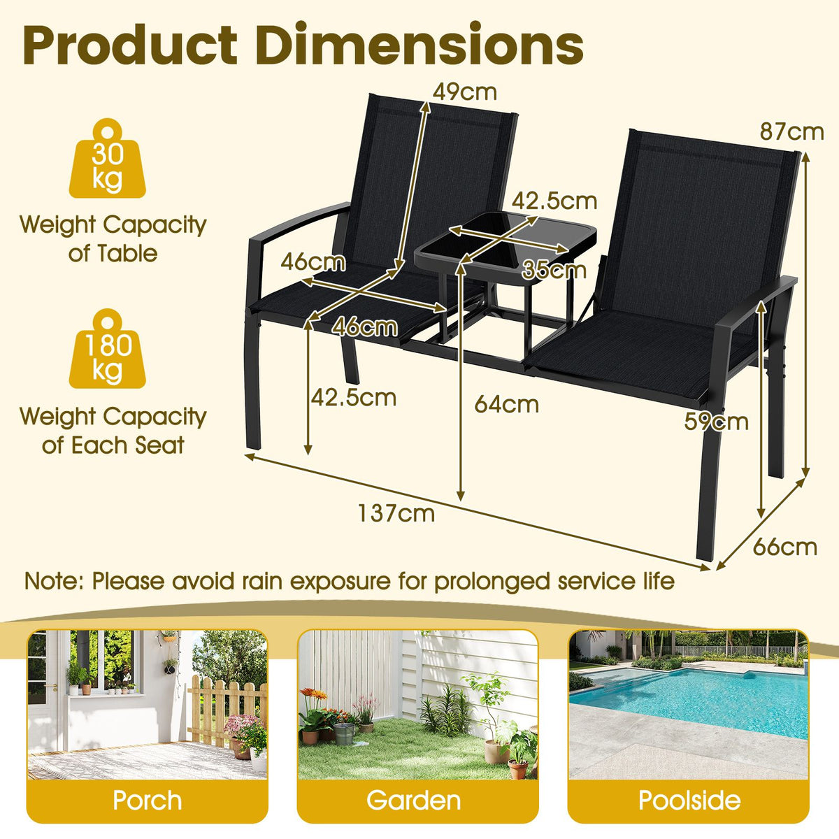 Patio Loveseat with Built-in Table and Heavy Duty Metal Frame