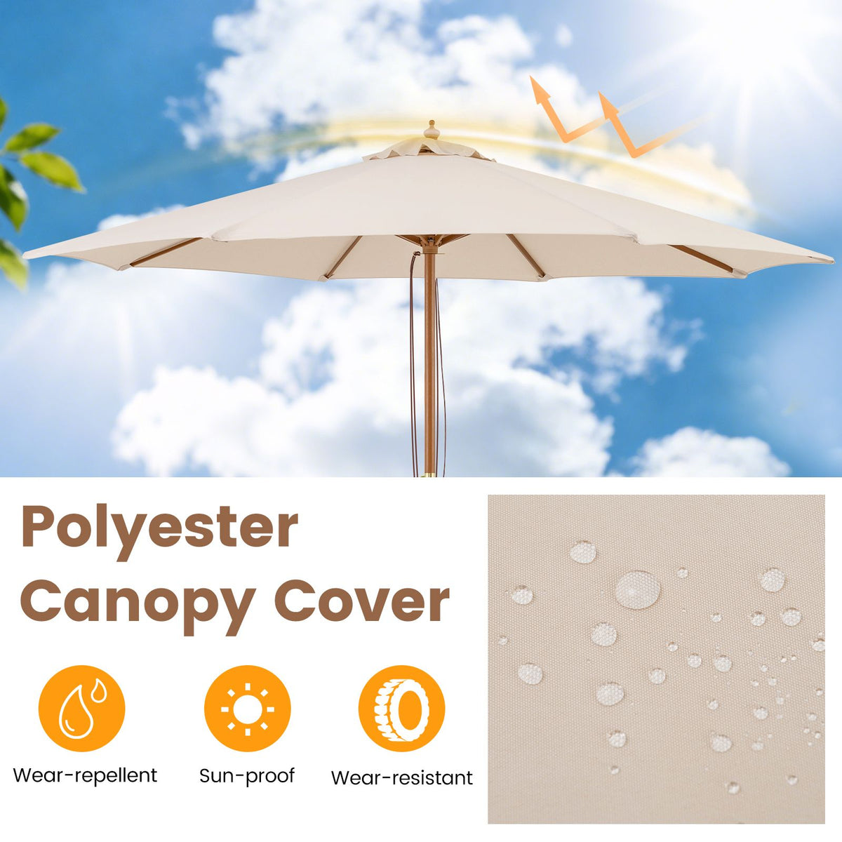 Patio Sunshade Umbrella with Pulley Lift and Bamboo Ribs