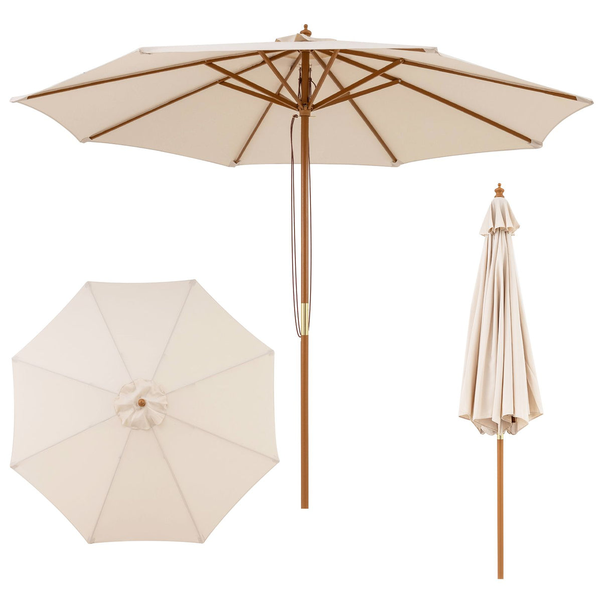 Patio Sunshade Umbrella with Pulley Lift and Bamboo Ribs