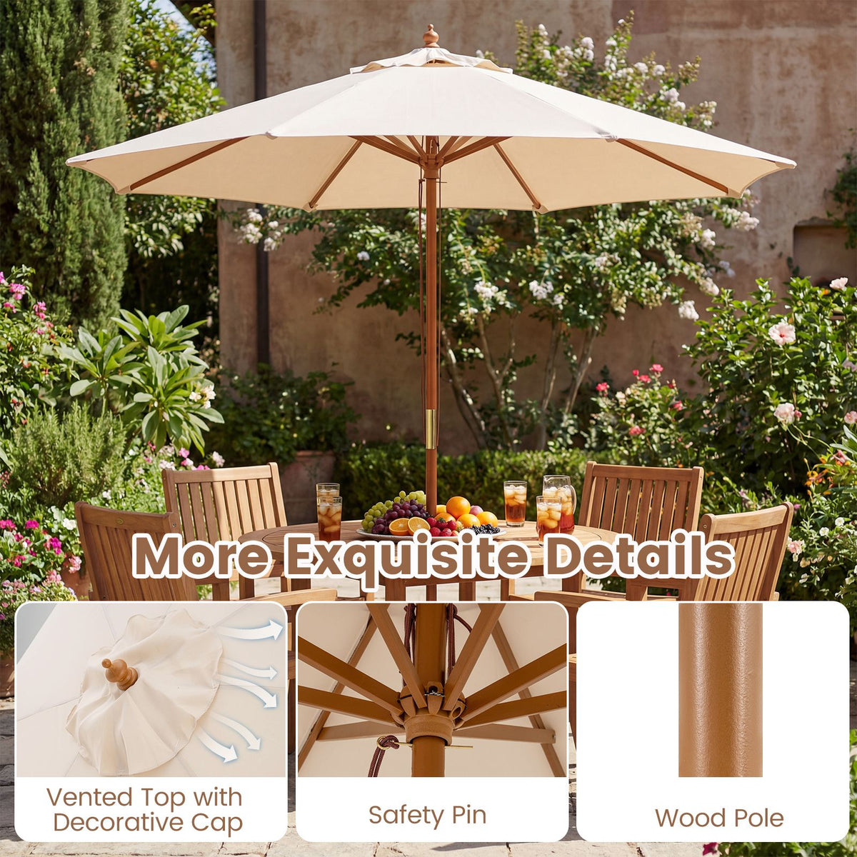 Patio Sunshade Umbrella with Pulley Lift and Bamboo Ribs