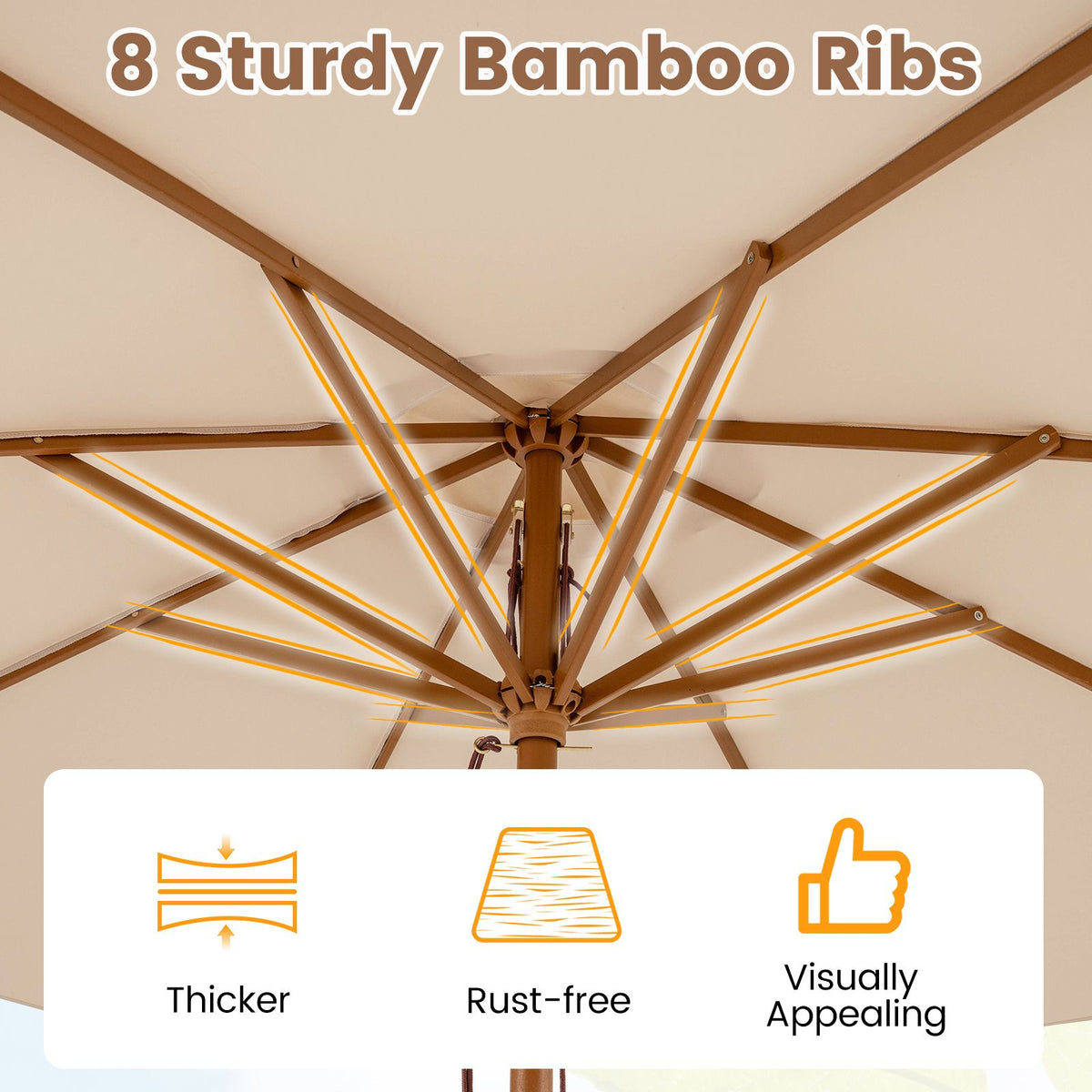 Patio Sunshade Umbrella with Pulley Lift and Bamboo Ribs