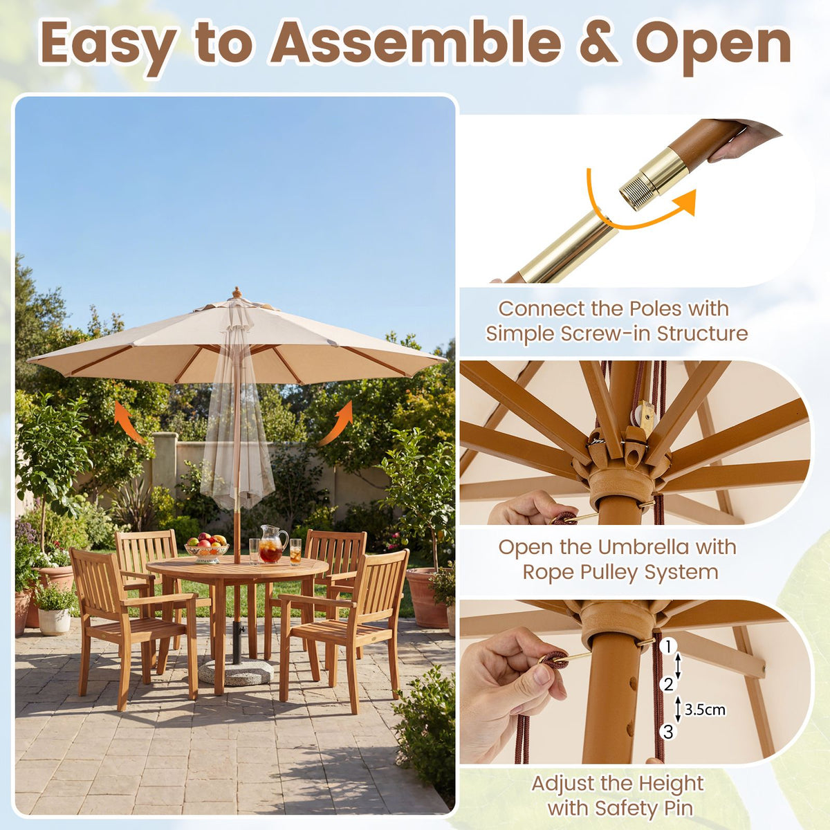 Patio Sunshade Umbrella with Pulley Lift and Bamboo Ribs
