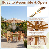 Patio Sunshade Umbrella with Pulley Lift and Bamboo Ribs