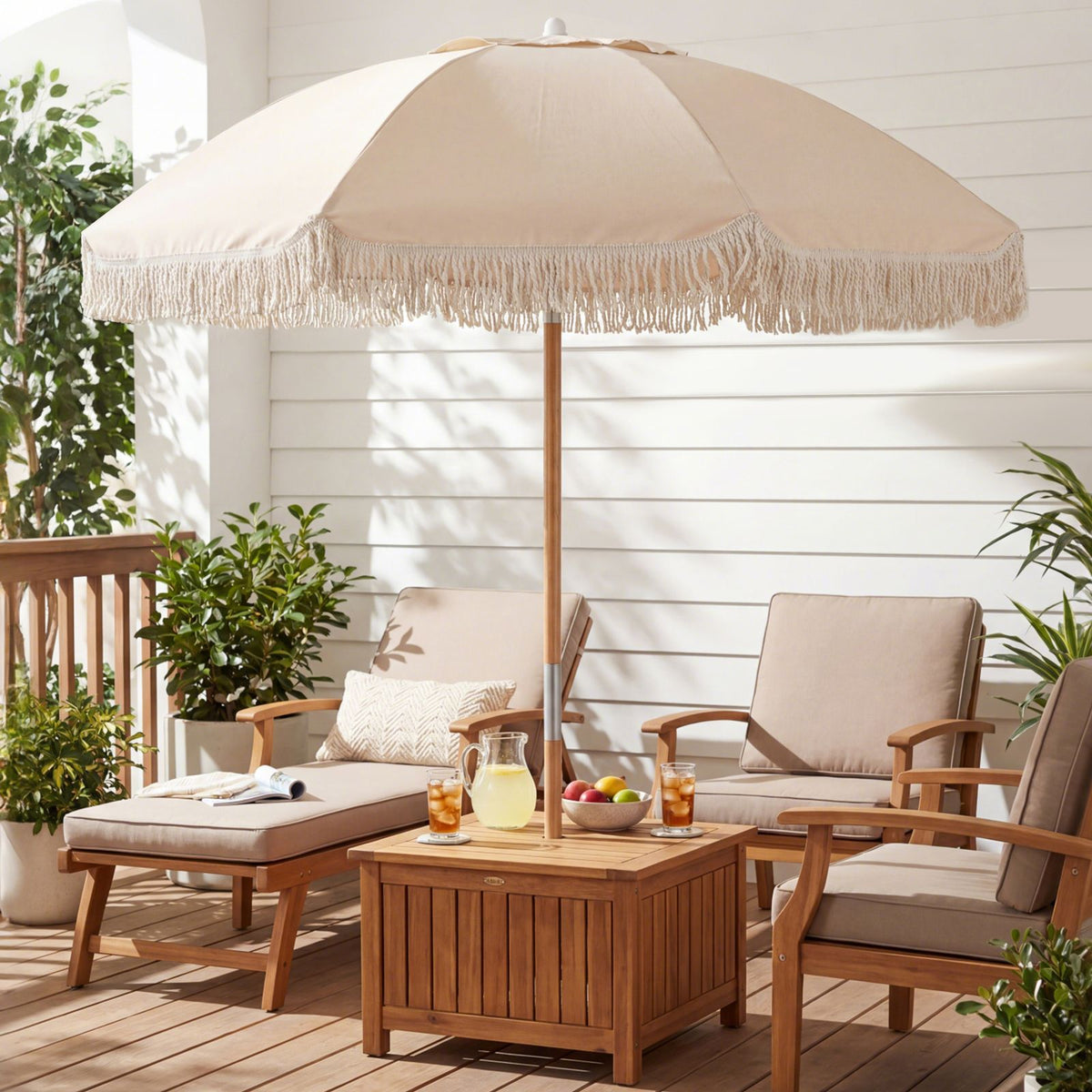 Wood Pole Market Umbrella with 8 Ribs Air Vent for Yard or Poolside