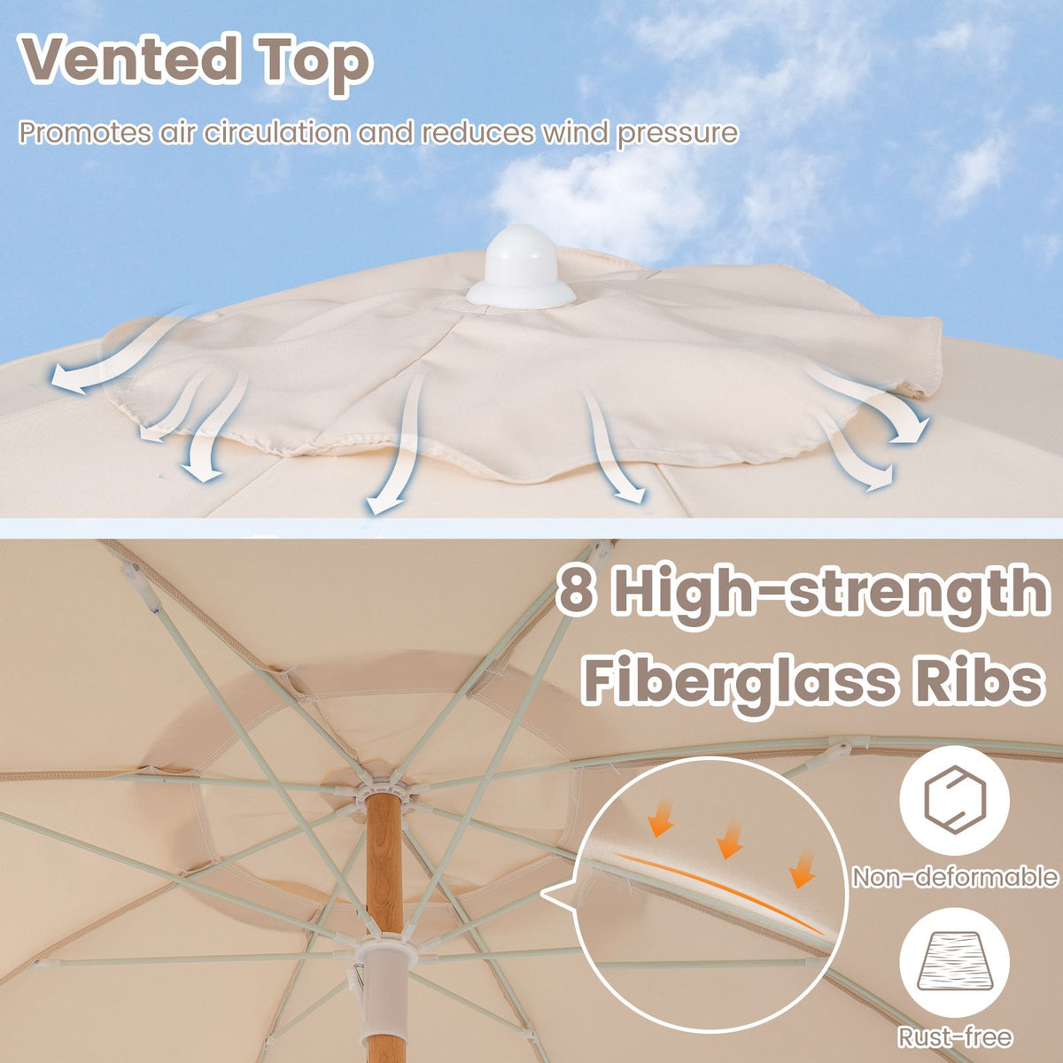 Wood Pole Market Umbrella with 8 Ribs Air Vent for Yard or Poolside