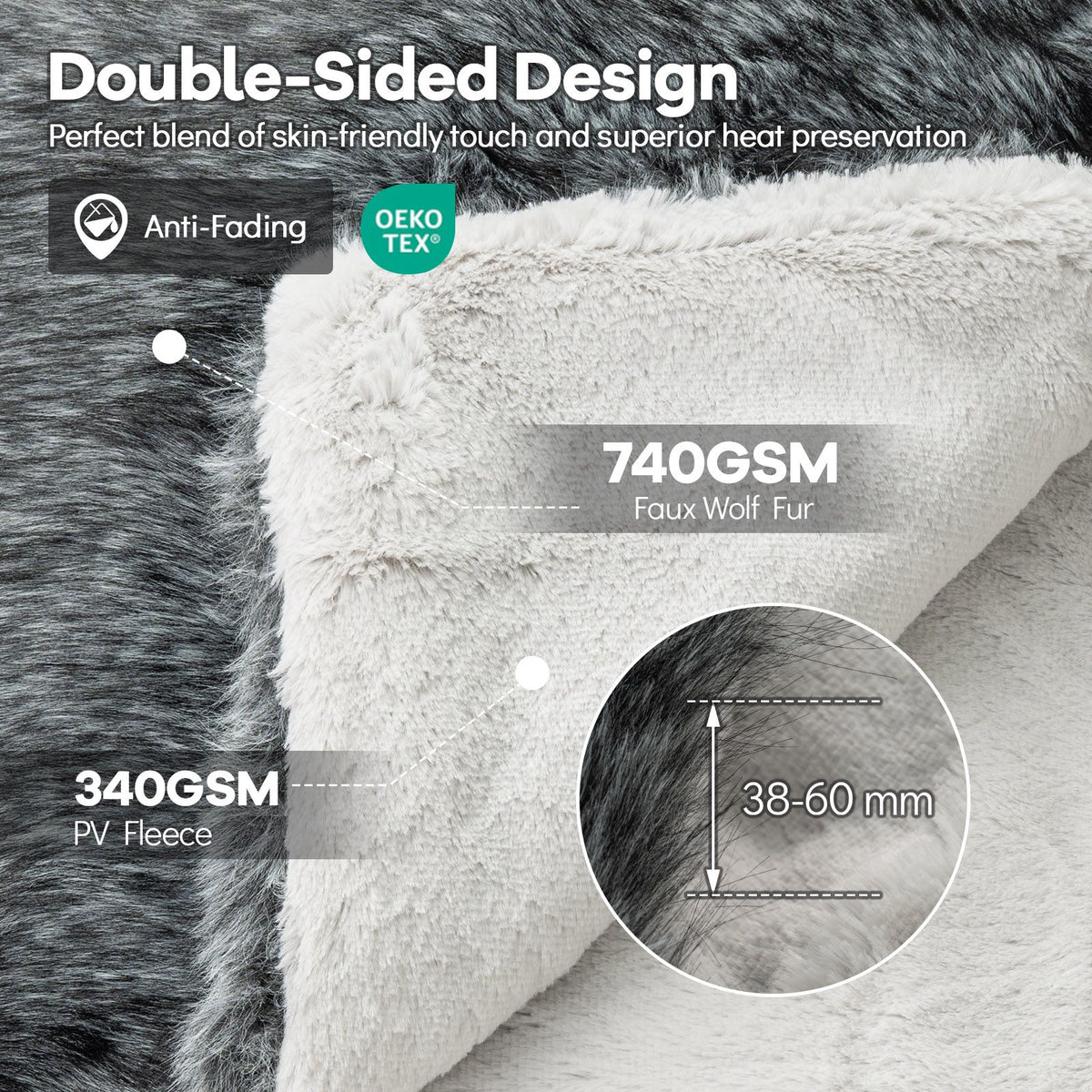 740GSM Soft Plush Fuzzy Luxury Faux Wolf Fur Blanket for Bed