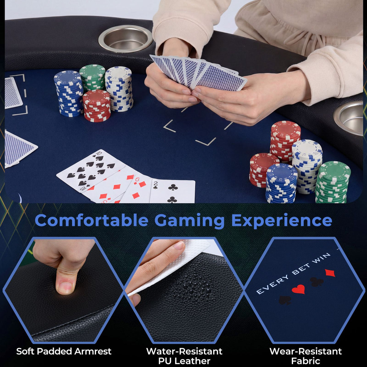8 Player Foldable Poker Table with Metal Legs and 8 Cup Holders