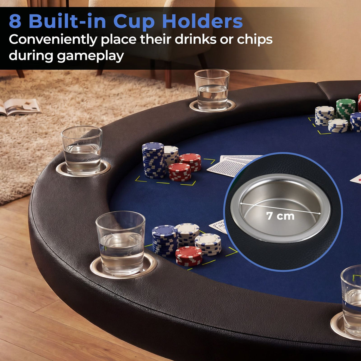 8 Player Foldable Poker Table with Metal Legs and 8 Cup Holders