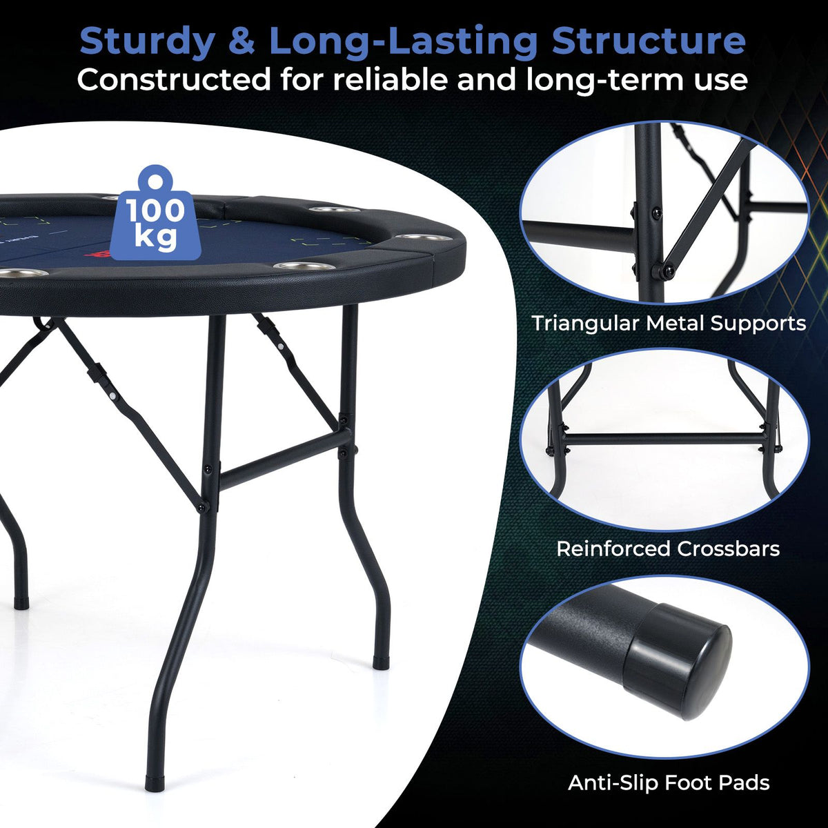 8 Player Foldable Poker Table with Metal Legs and 8 Cup Holders