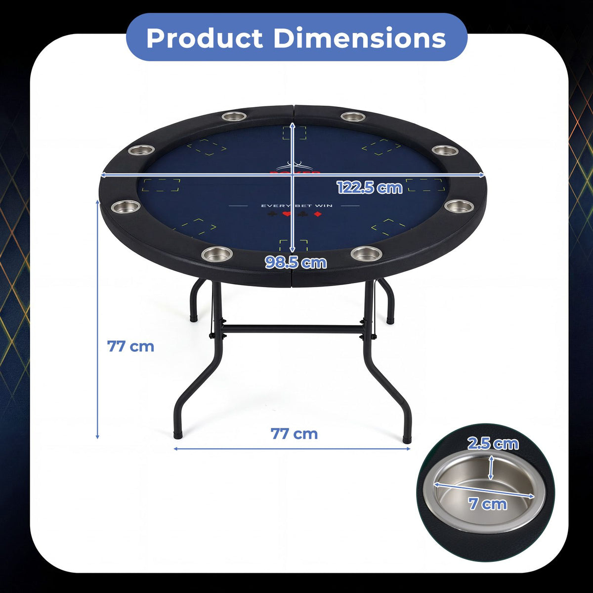 8 Player Foldable Poker Table with Metal Legs and 8 Cup Holders