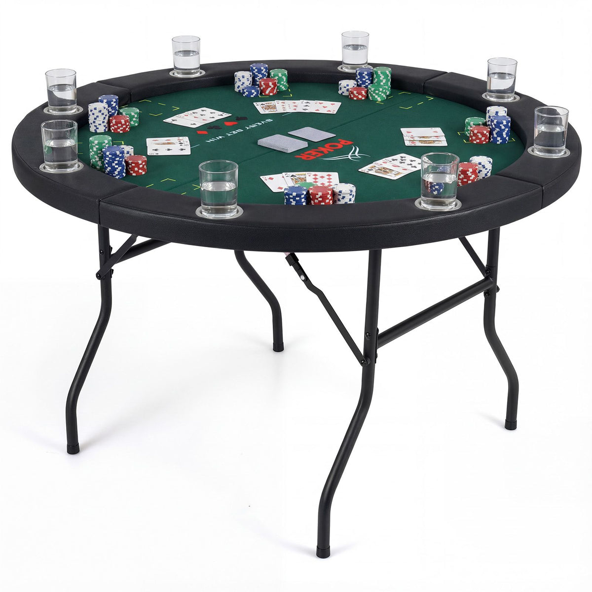 8 Player Foldable Poker Table with Metal Legs and 8 Cup Holders