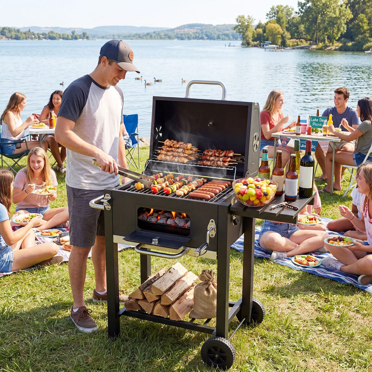 Portable BBQ Grill with Adjustable Charcoal Tray Foldable Side Tables and Built-in Handle