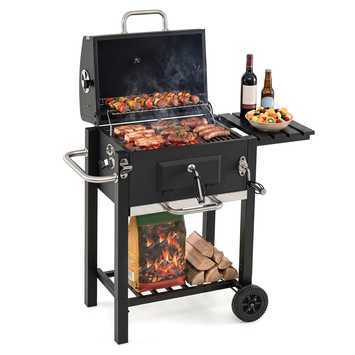 Portable BBQ Grill with Adjustable Charcoal Tray Foldable Side Tables and Built-in Handle