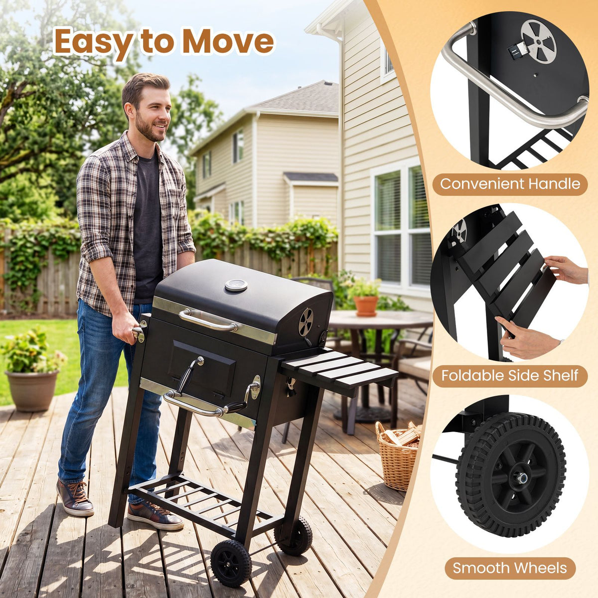 Portable BBQ Grill with Adjustable Charcoal Tray Foldable Side Tables and Built-in Handle