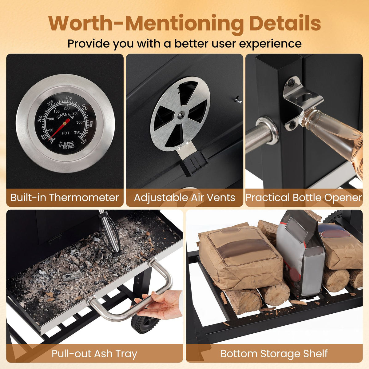 Portable BBQ Grill with Adjustable Charcoal Tray Foldable Side Tables and Built-in Handle