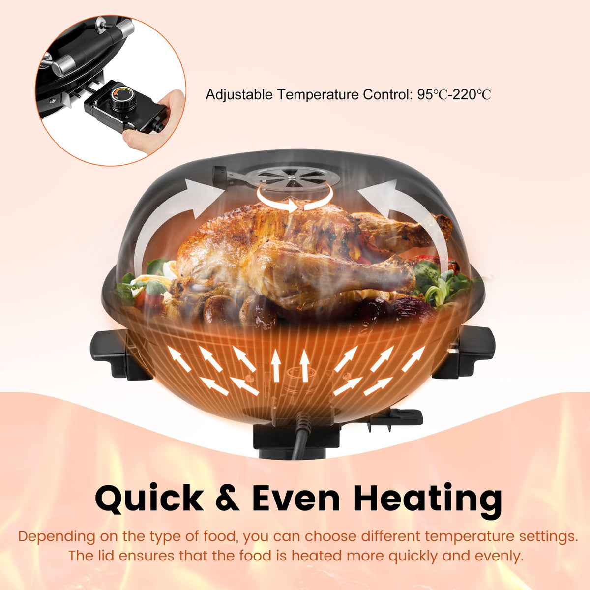 Portable Electric Grill with Warming Tray and 1600W Heating Element