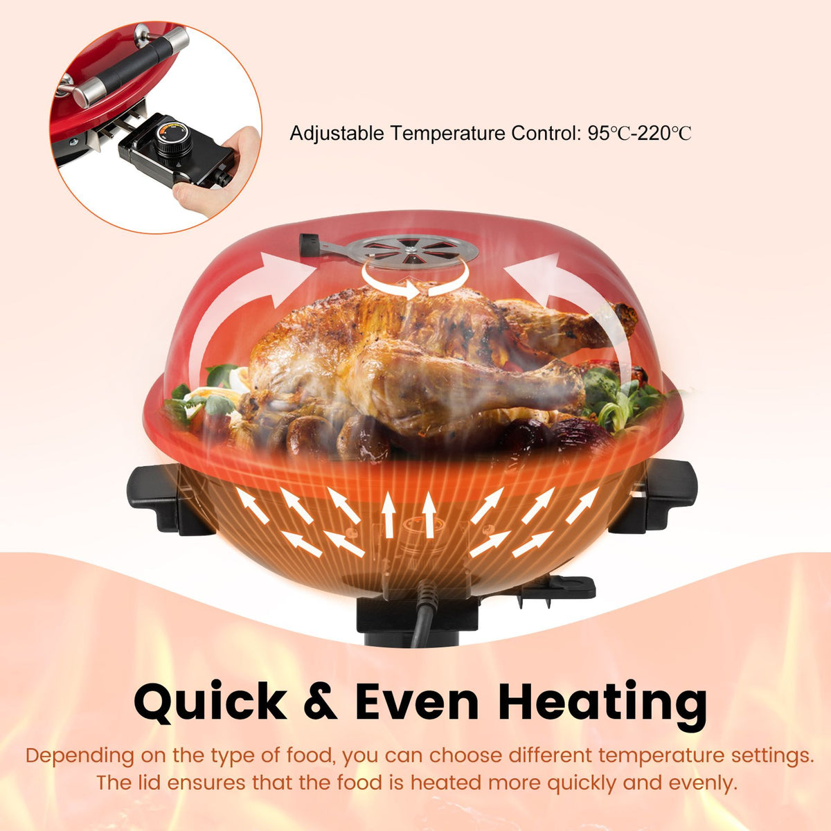Portable Electric Grill with Warming Tray and 1600W Heating Element