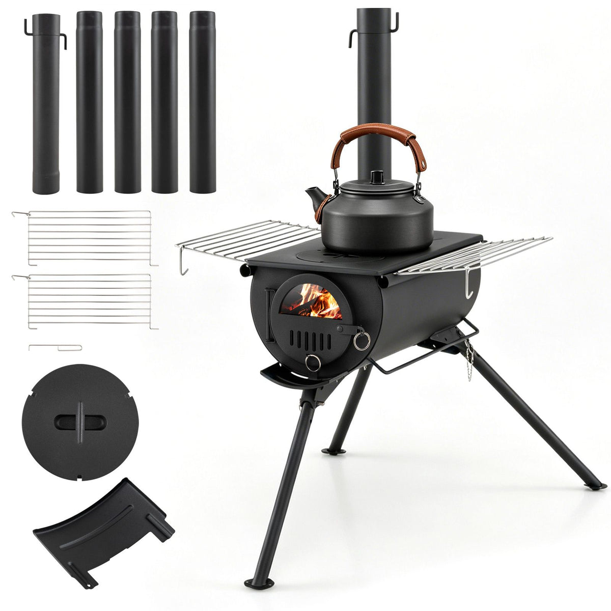 Portable Hot Tent Stove with Chimney & View Glass for Camping Heating Cooking