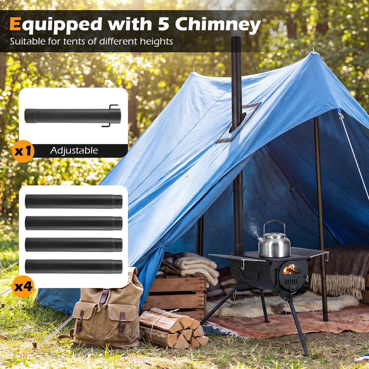 Portable Hot Tent Stove with Chimney & View Glass for Camping Heating Cooking