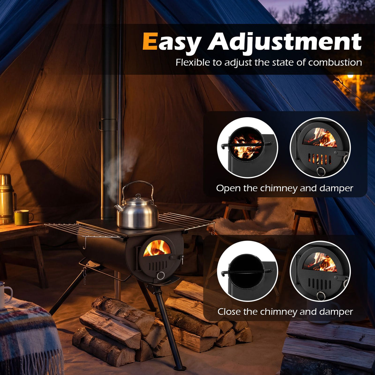 Portable Hot Tent Stove with Chimney & View Glass for Camping Heating Cooking