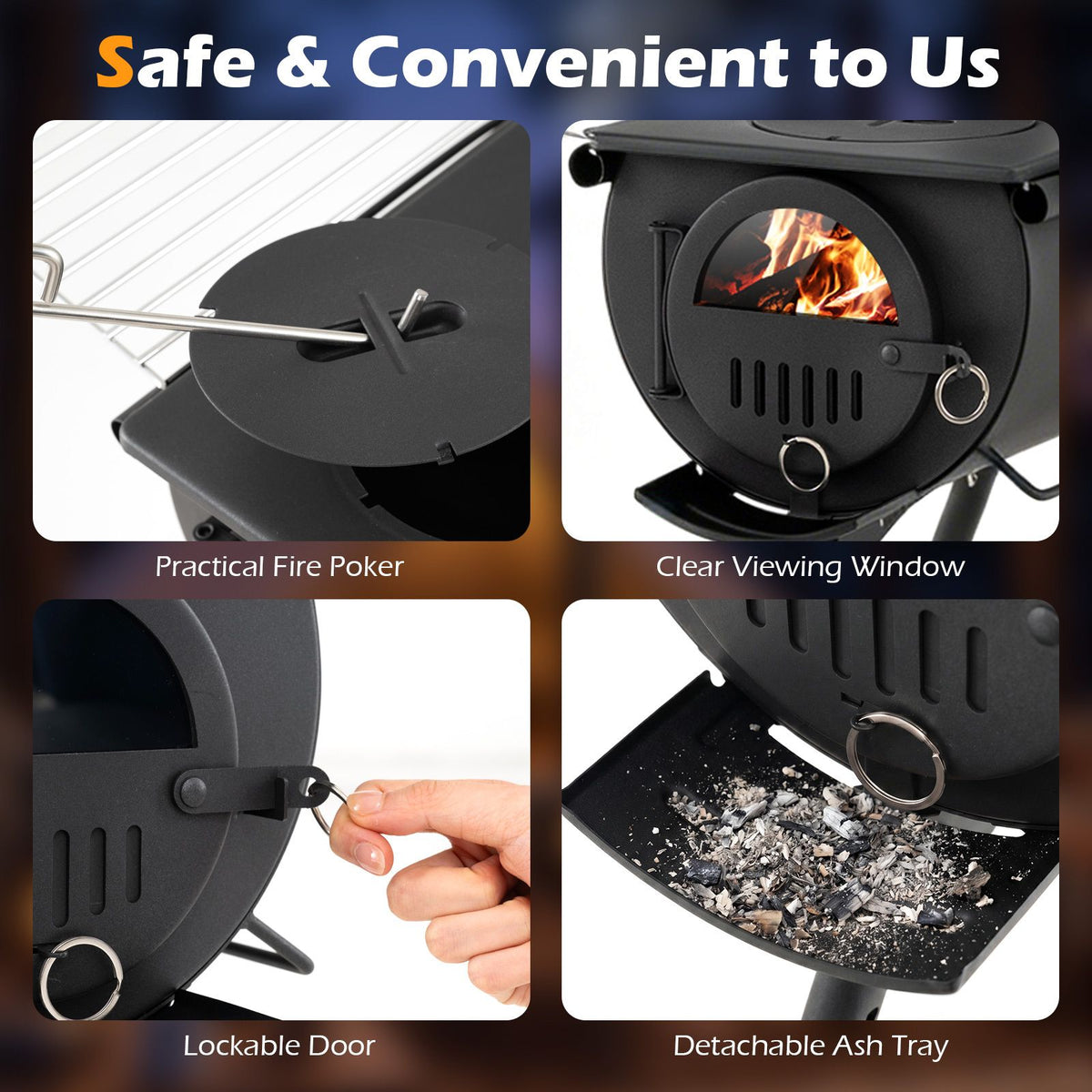 Portable Hot Tent Stove with Chimney & View Glass for Camping Heating Cooking