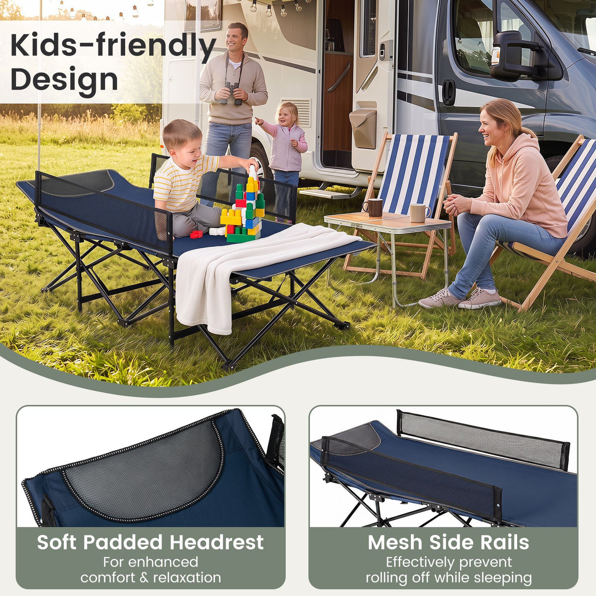 Portable Travel Toddler Cot Bed with Guardrail for Outdoor Indoor