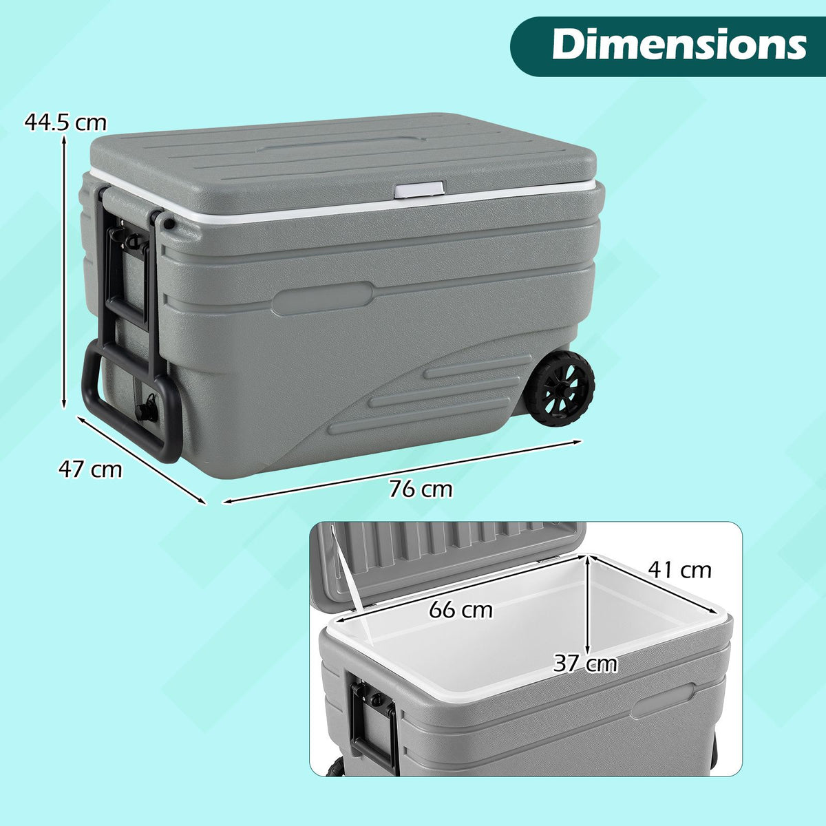 Outdoor Hard Cooler on Wheels 80L for Camping and Picnic with Handles