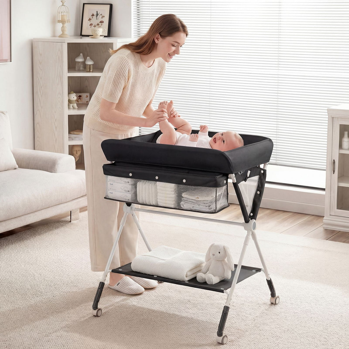 Portable Diaper Changing Station with Storage Basket Shelf and Lockable Wheels